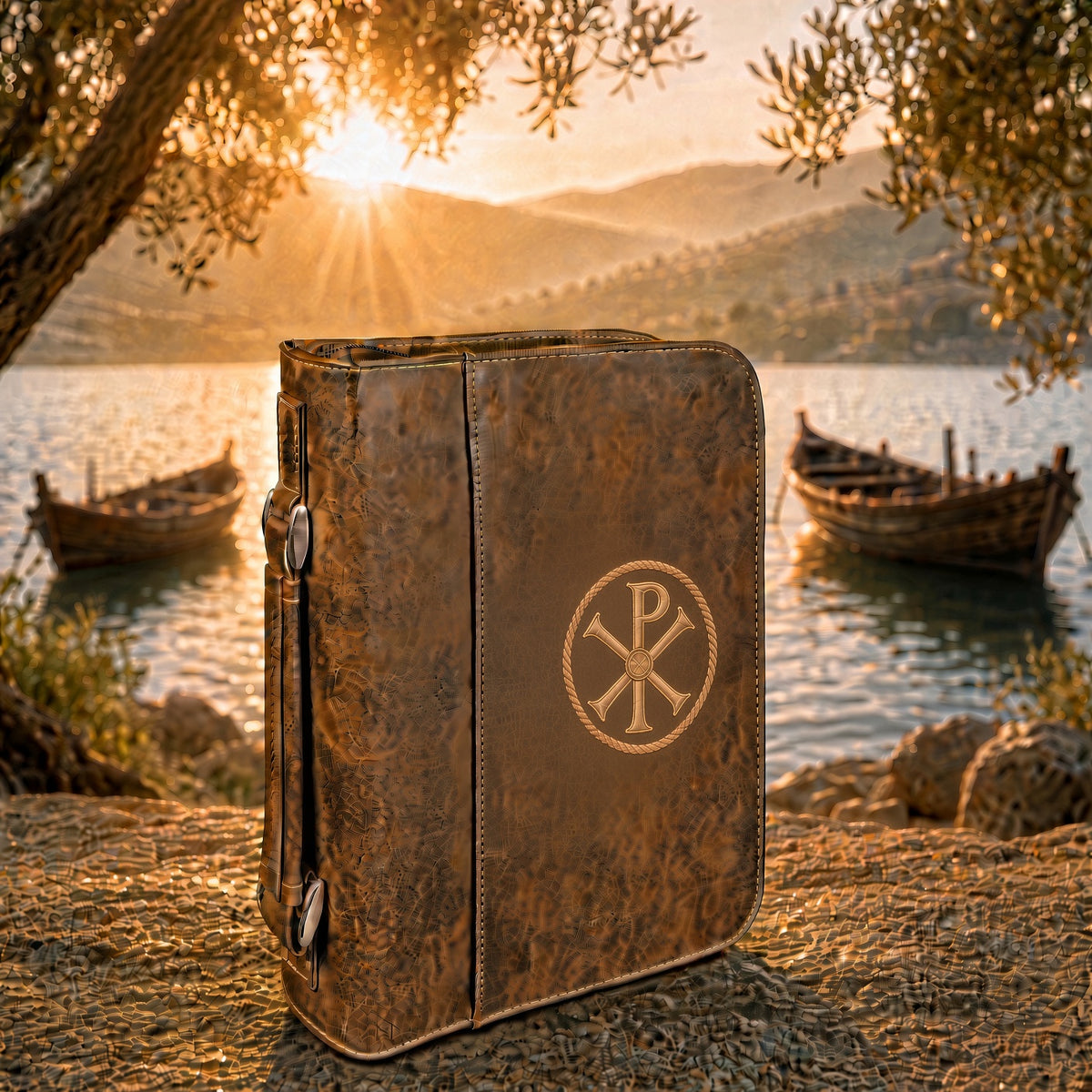 Christos 7 1/2" x 10 3/4" Rustic/Gold Leatherette Book/Bible Cover with Handle & Zipper